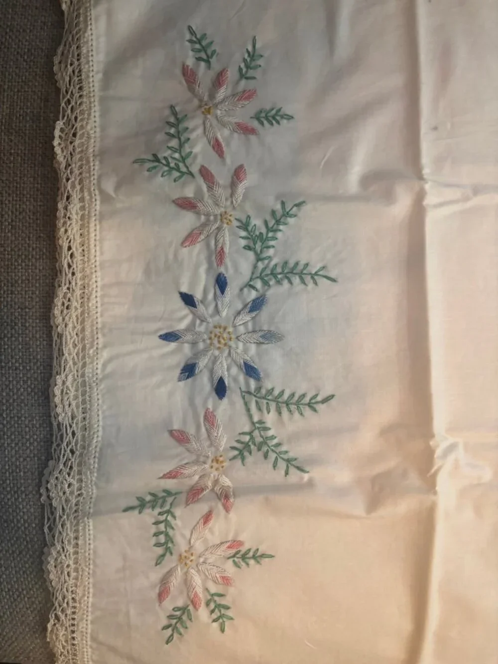 Vintage Hand Embroidered Floral Pillowcase - Crochet Lace Edge Pink Blue Flowers